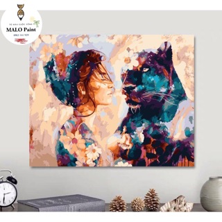Tranh tự tô màu sơn dầu số hoá Tranh Cô Gái và Báo Đen Tranh Trừu Tượng