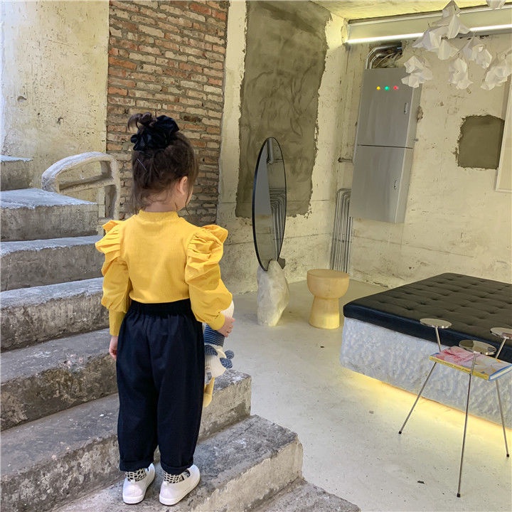 Áo Thun Tay Dài Phồng Cổ Lọ Thời Trang Cho Bé Gái Quần Áo Trẻ Em