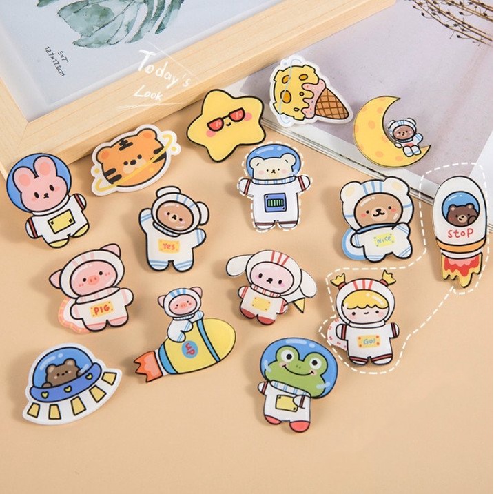 Sticker gắn balo ulzzang sinh viên, huy hiệu cài cặp học sinh, ghim cài phụ kiện túi mũ chibi con vật đồ ăn sắc màu cute