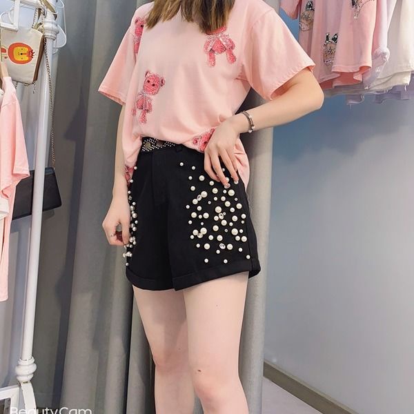 [pure cotton] European station denim shorts women's 2022 summer new heavy industry nail beaded drill high waist a wide leg trousers