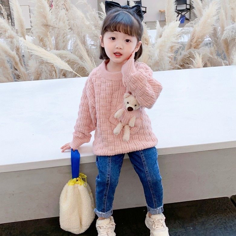 Áo len lưới cổ tròn kèm gấu nhiều màu cho bé gái  N01034