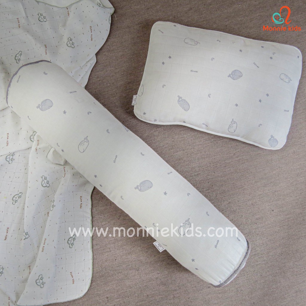 Gối sợi tre cho bé Hrnee, gối bông gòn tự nhiên họa tiết mềm mịn - Monnie Kids