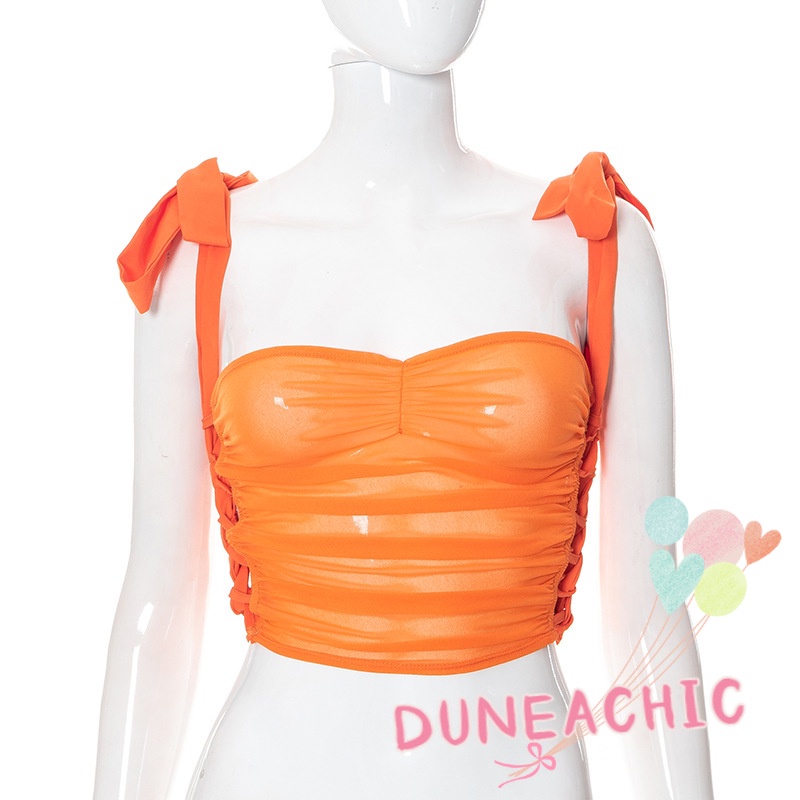 DUNEA Áo Hai Dây Croptop Phối Lưới Xếp Ly Xinh Xắn Cho Nữ