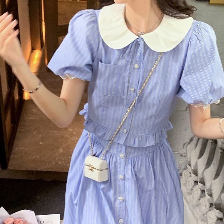 Set Áo Cổ Búp Bê Họa Tiết Kẻ Sọc Và Chân Váy Màu Xanh Dương Nhạt Thời Trang Mùa Hè Xinh Xắn Cho Nữ