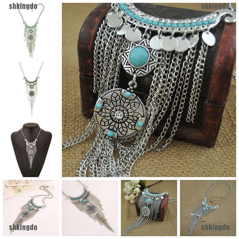 Dây chuyền đính ngọc lam phối tua rua phong cách Bohemian