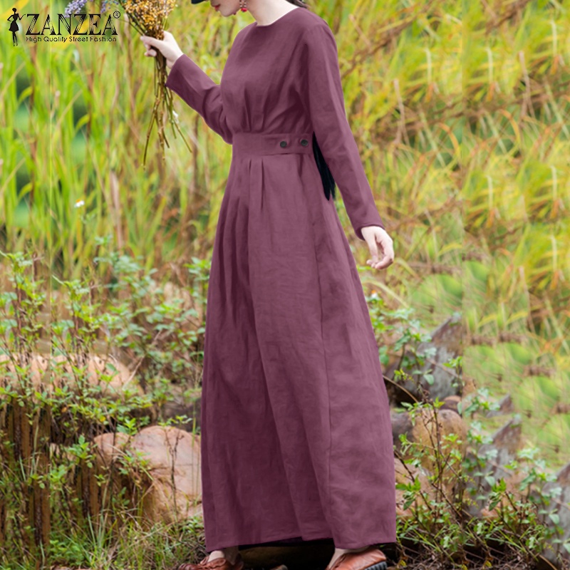 Đầm dài ZANZEA màu trơn chiết eo phong cách retro thời trang cho nữ
