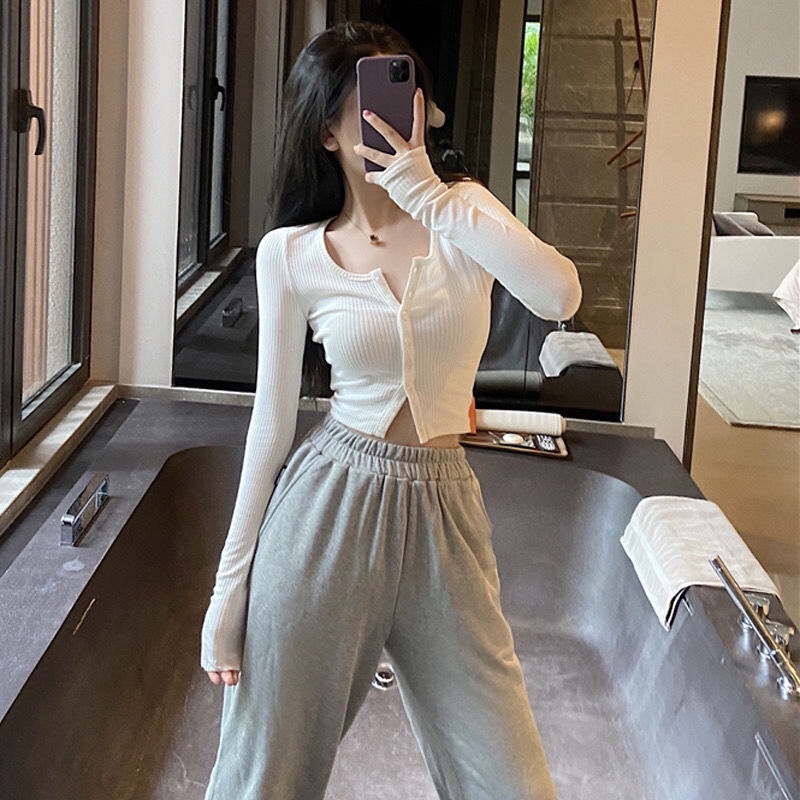 Áo thun cardigan lưng cao tay dài dáng ôm phong cách phương Tây mới
