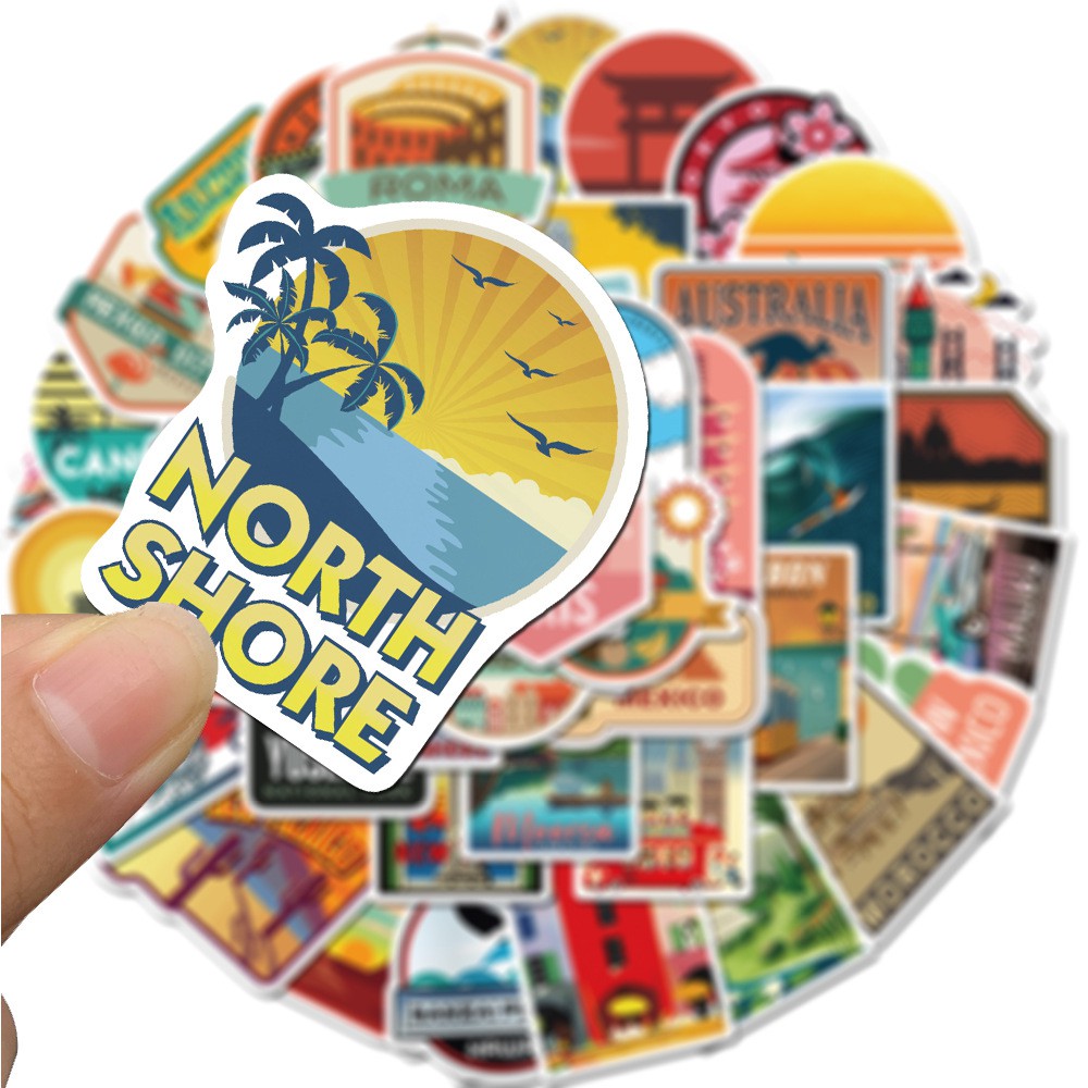 Miếng dán Sticker chủ đề về Du Lịch vòng quanh thế giới trọn bộ 50 hình - In rõ ràng sắc nét khó tróc