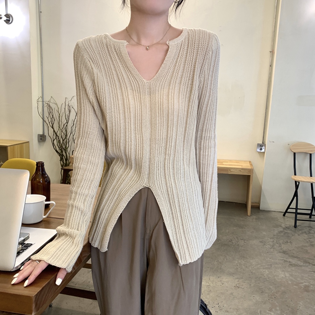 Áo Sweater Dệt Kim Cổ Chữ V Dáng Ôm Xẻ Tà Kiểu Hàn Quốc Thời Trang Mùa Thu Cho Nữ