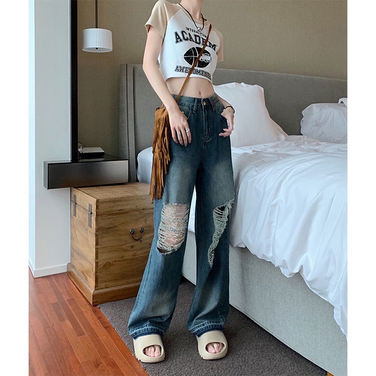 Jiashucheng Hàng Có Sẵn Quần Jean Rách Lưng Cao Dáng Rộng Phong Cách Retro Đường Phố Hàn Quốc Mùa Hè Cho Nữ