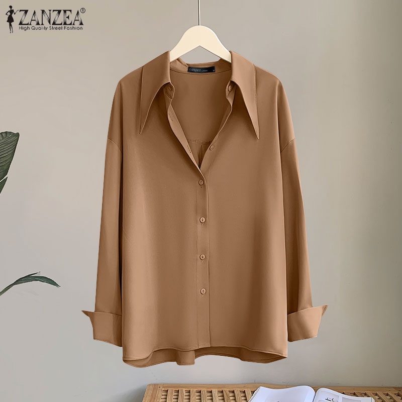 Áo sơ mi nữ ZANZEA tay dài dáng rộng cài nút màu trơn đơn giản dễ phối đồ