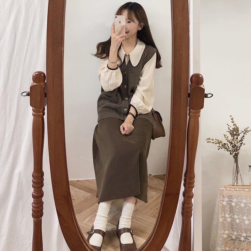 [SẴN] SET ÁO GILE VÁY VINTAGE MÙA THU ĐÔNG