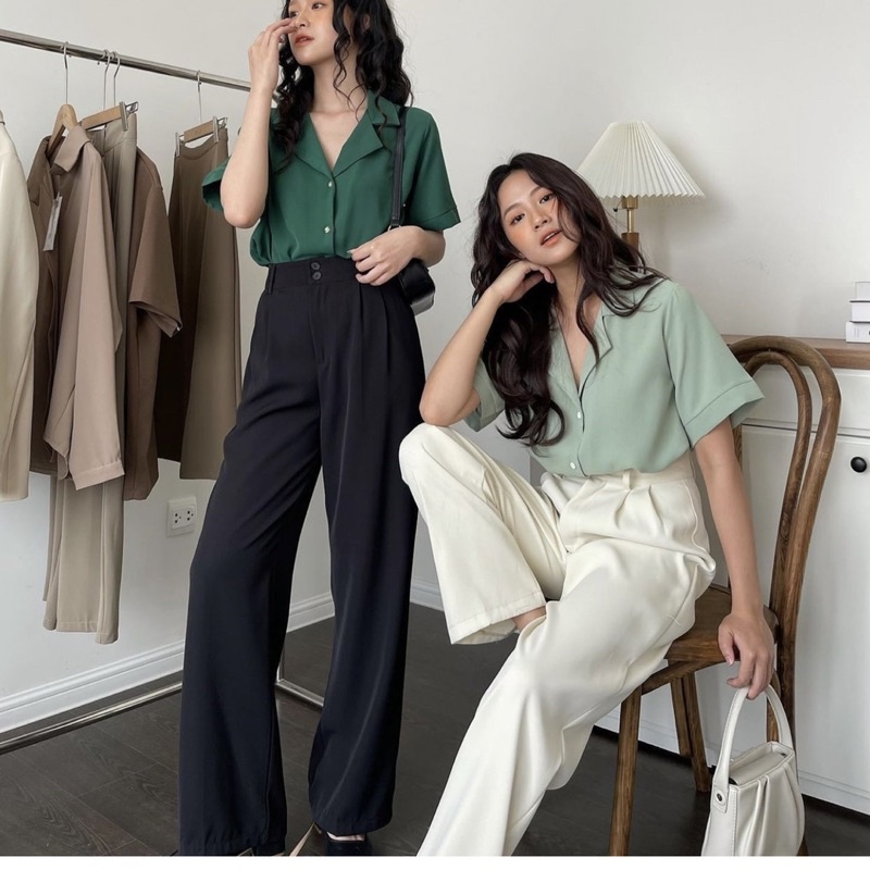 Áo sơmi cổ vest chất lụa cát phong cách Hàn Quốc