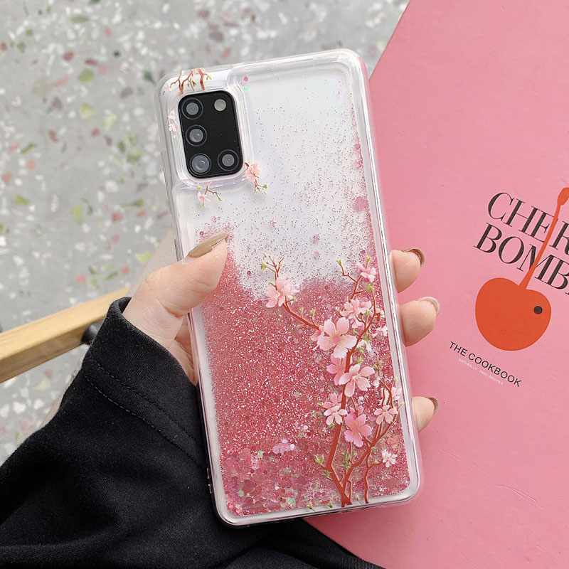 Ốp lưng kim tuyến nước hình hoa đào thích hợp cho Samsung Galaxy A10 A31 A20 A50 A70 A81 A91 A51 A71 A11 A10S A20S A21S