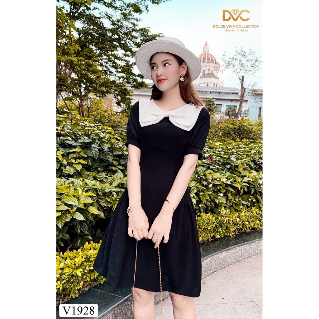 Váy đen xòe phối nơ trắng V1928 - Đẹp Shop DVC (Kèm ảnh thật trải sàn do shop tự chụp)