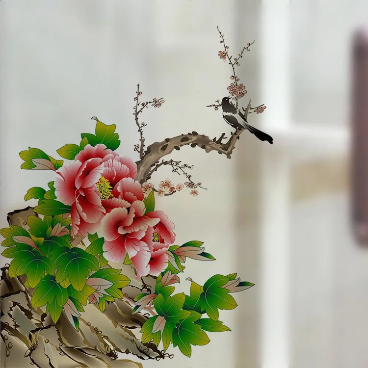 Decal trang trí kính cao cấp mẫu cánh hoa mẫu đơn đỏ (60cm x 58cm)