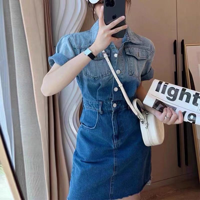 Design sense changing color denim dress summer 2022 New Retro polo collar fashion short sleeve A-line skirt women