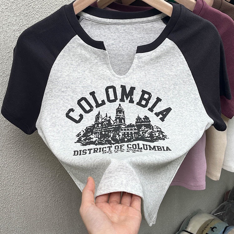 Áo Thun Cotton Ngắn Tay Cổ Chữ V Màu Sắc Tương Phản Phong Cách Hàn Quốc Cho Nữ