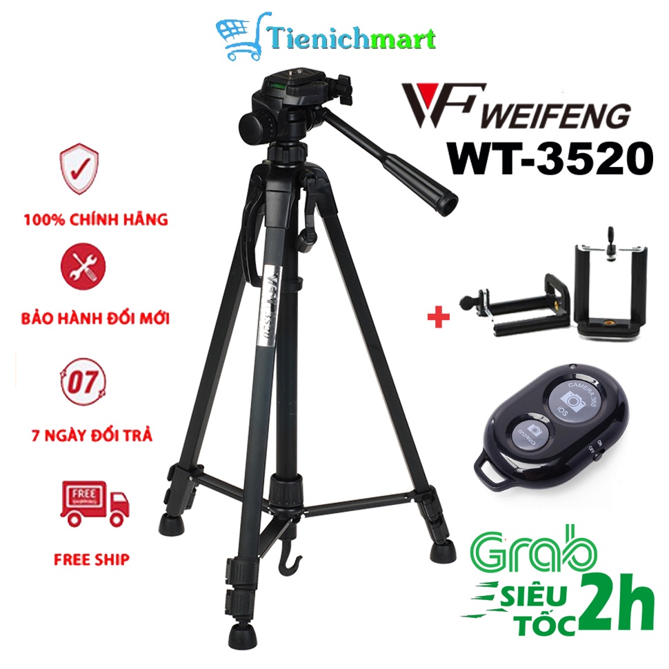 Tripod, giá đỡ điện thoại máy ảnh Weifeng WT-3520 khung nhôm cao cấp tải trọng 3kg có túi đeo tặng kèm kẹp điện thoại