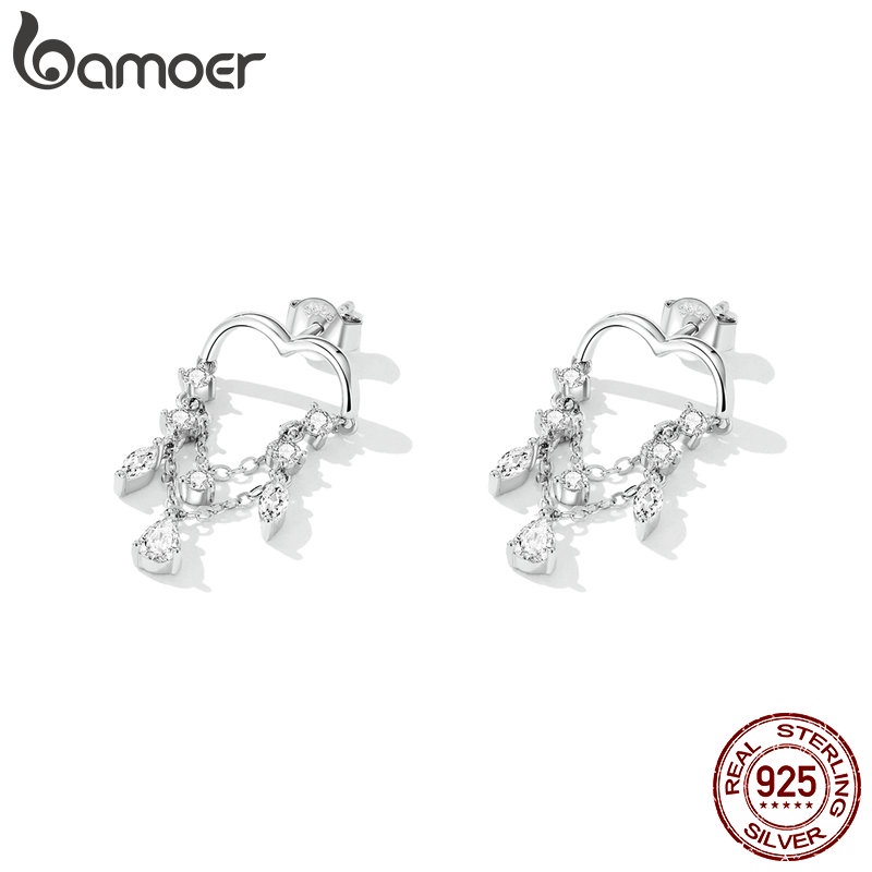 Cặp khuyên tai BAMOER bằng bạc 925 hình trái tim phối tua rua đính đá zircon thời trang sang trọng cho nữ