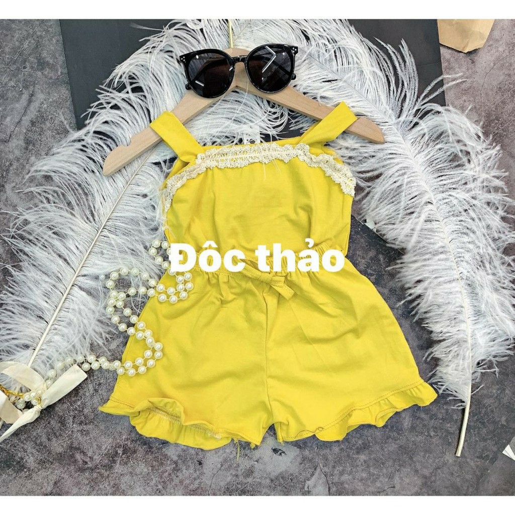 Đồ bộ bé gái, Set Áo hai dây, viền ren ngực và quần short gấu sóng, cạp chun cho bé từ 20 - 34 kg