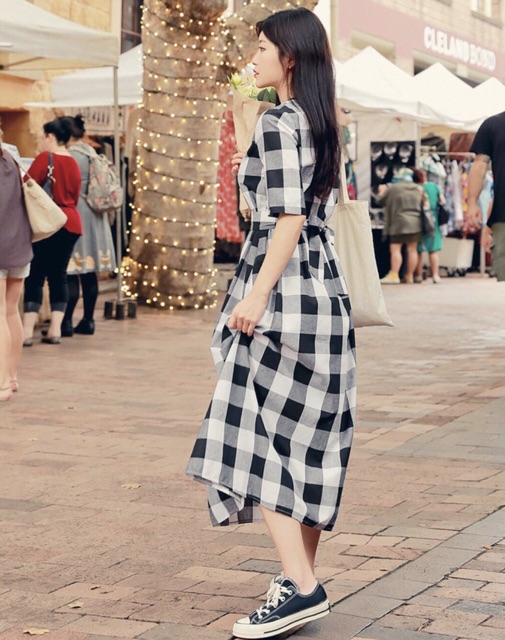 Đầm caro đen to form dài xuongvnxk