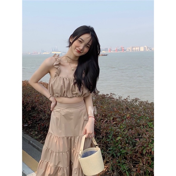 Set Áo 2 Dây Kèm Chân Váy Midi Dài Thời Trang Mùa Thu - Minipie