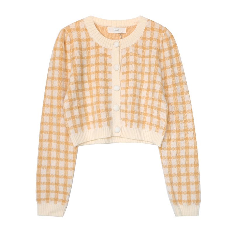 NUZIRO  Áo cardigan dáng ngắn tay dài cổ tròn họa tiết kẻ sọc caro phong cách Hàn Quốc