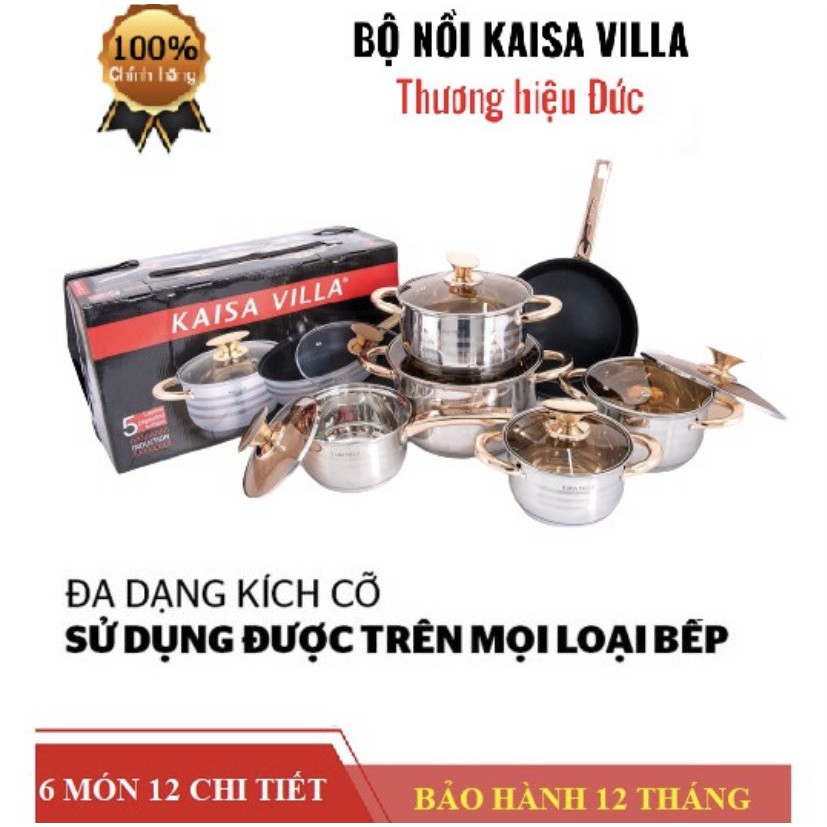 BỘ NỒI ĐỨC KAISA VILLA 6 MÓN 12 CHI TIẾT KV-6618 ĐÁY 9 LỚP loại mới 2021
