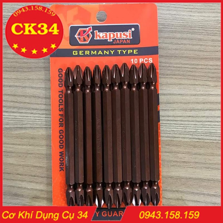 Bộ 10 mũi vít thép Nhật S2 Kapusi PH2 dài 100mm, mũi bắt vít công nghiệp 2 đầu 4 cạnh bake nam châm vĩnh cửu PH2x10mm