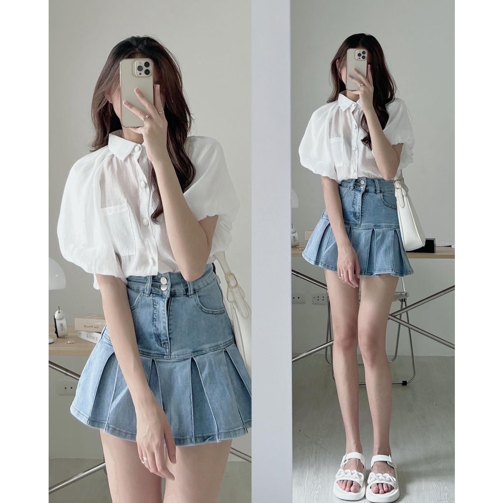 Áo sơ mi tơ Nến Cúc bọc tay bồng, Áo sơ mi