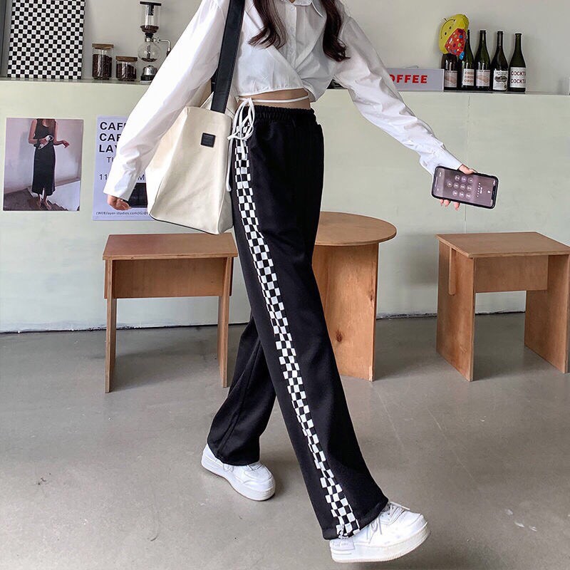 Quần suông có dây rút ống viền Bàn cờ_Quần nam nữ unisex