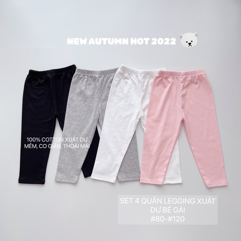 Combo 4 quần legging trơn màu cho bé gái, set 4 quần legging 4 màu bé gái xinh xắn