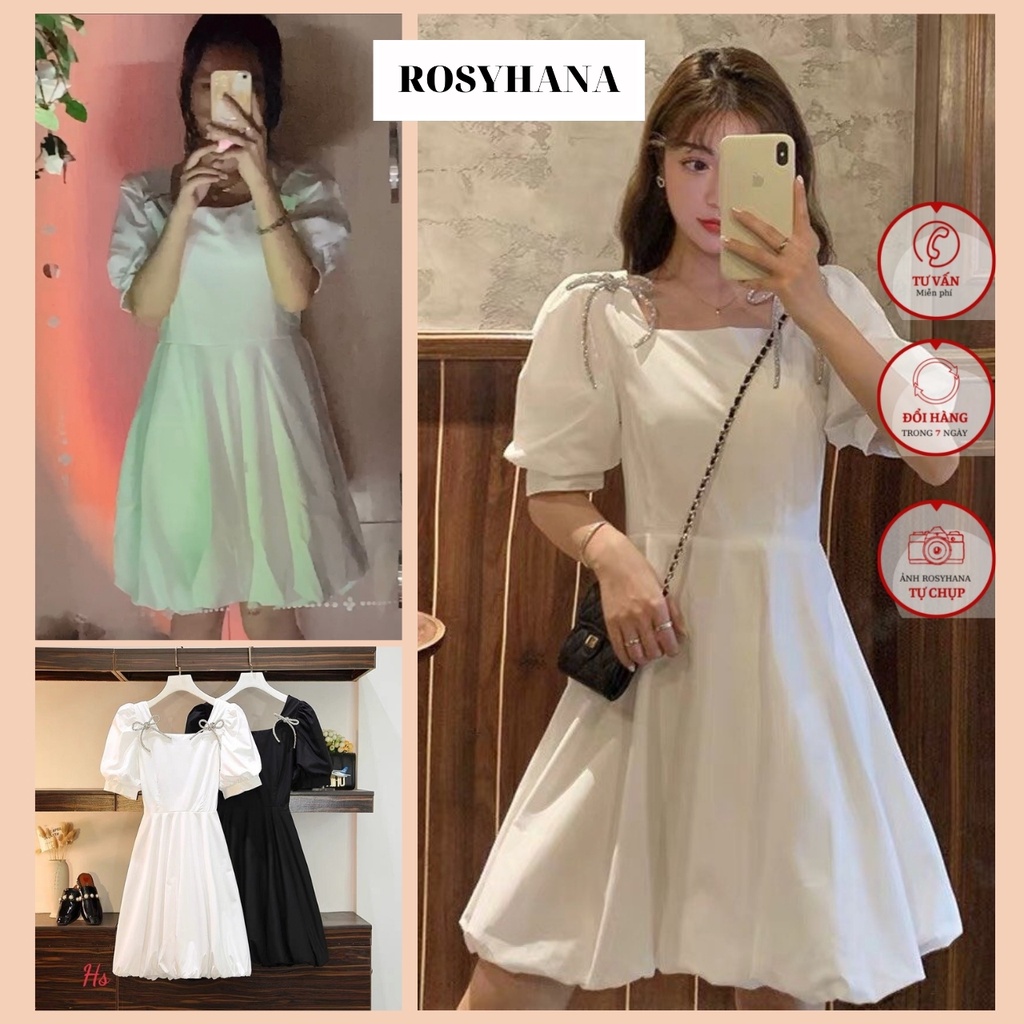 ✅❤✅Váy nơ vai tay bồng Chất Liệu Đũi Mát _ROSYHANA_ Có Ảnh Đánh Giá + Video Sản Phẩm
