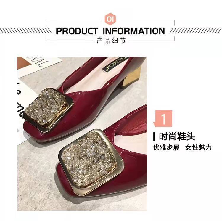 Giày Cao Gót Da Bóng Mũi Vuông Đính Đá Thời Trang Xuân Thu 2022 Cho Nữ