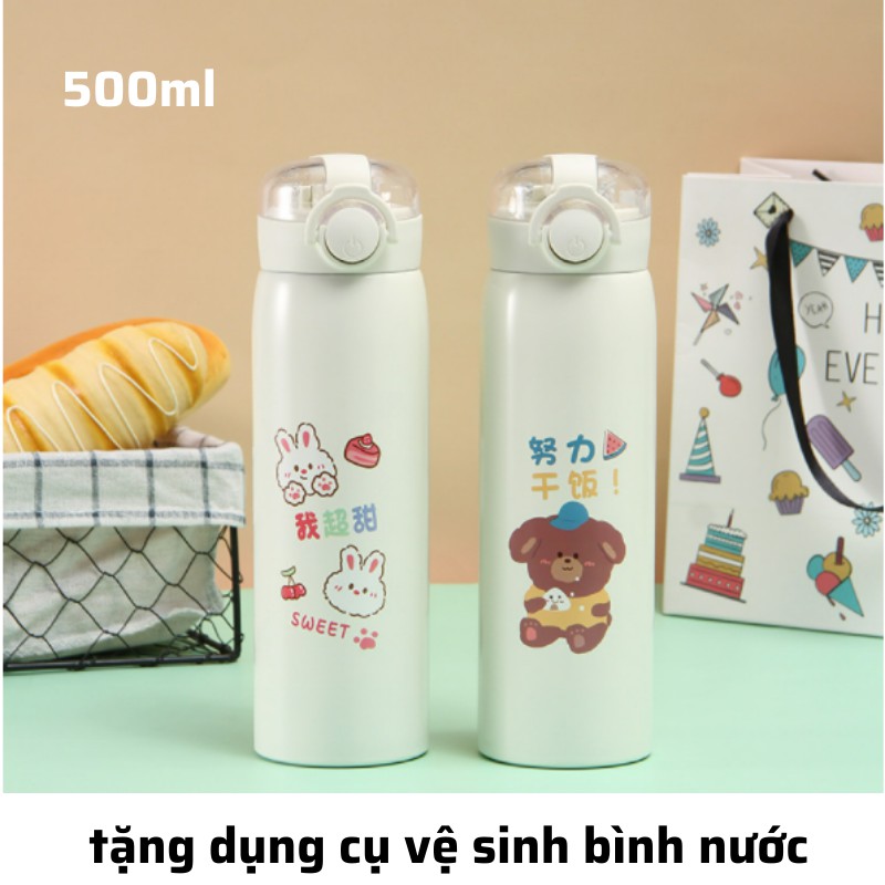 Bình giữ nhiệt INOX 304 ,bình giữ nhiệt họa tiết dễ thương dung tích 500ml , bình nước có ống hút có dây