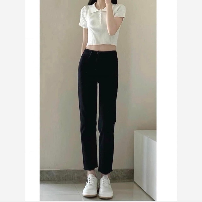 Quần jean ống đứng đen trơn cắt gấu