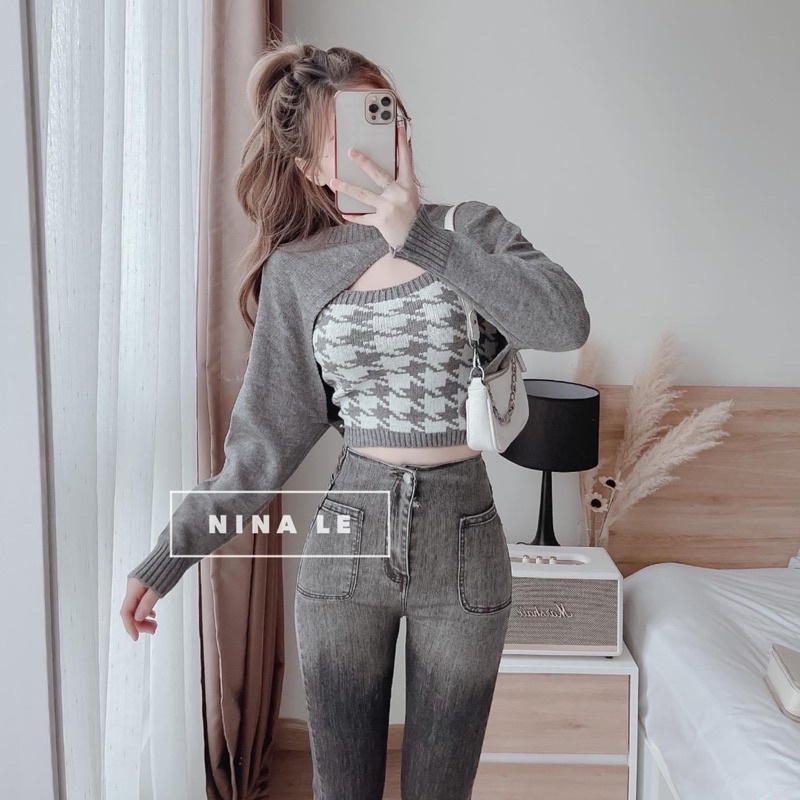 Set áo croptop len caro