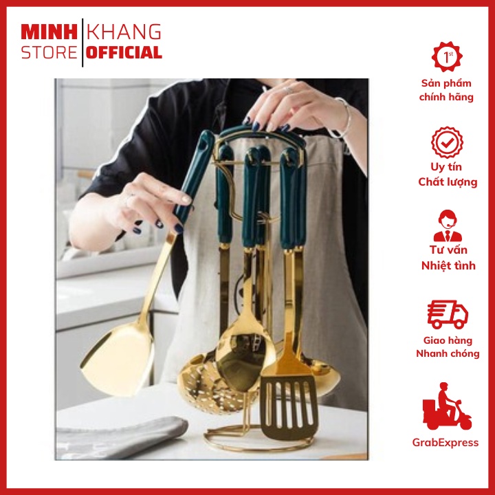 (CÓ SẴN))bộ 6 món muỗng,thìa đảo đồ ăn mạ vàng bằng sứ màu xanh cổ vịt cao cấp cho bếp ăn của bạn sang trọng