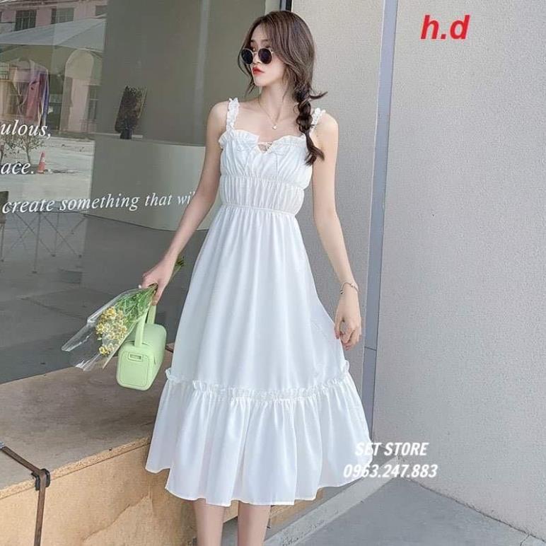 [Quà tặng viên kẹo]Váy nữ trắng hai dây xếp ly,đầm babydoll 2 dây body kiểu dáng Hàn Quốc < 53kg