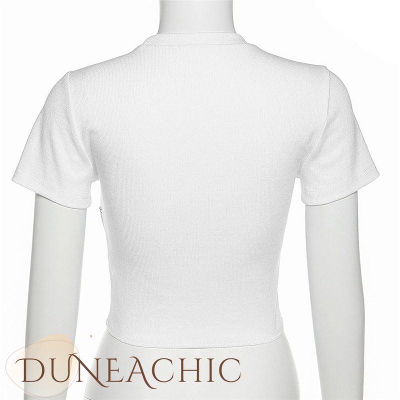 DUNEA Áo thun lửng dáng ôm in họa tiết phối dây xích thời trang mùa hè cho nữ