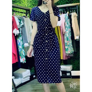 Bán Sỉ 🌸 🌸 🌸 Deal Sốc Đầm chấm bi cổ V xẻ khuy trước thời trang kèm dây đai DVMH20