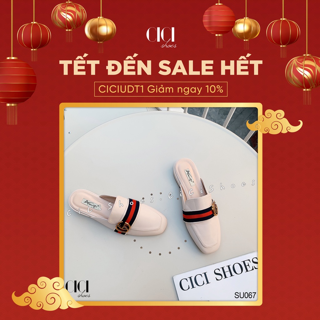 Giày cao gót nữ CiCi Shoes gót da 1cm, dép sục da khoá đồng đai xanh đỏ - SU067