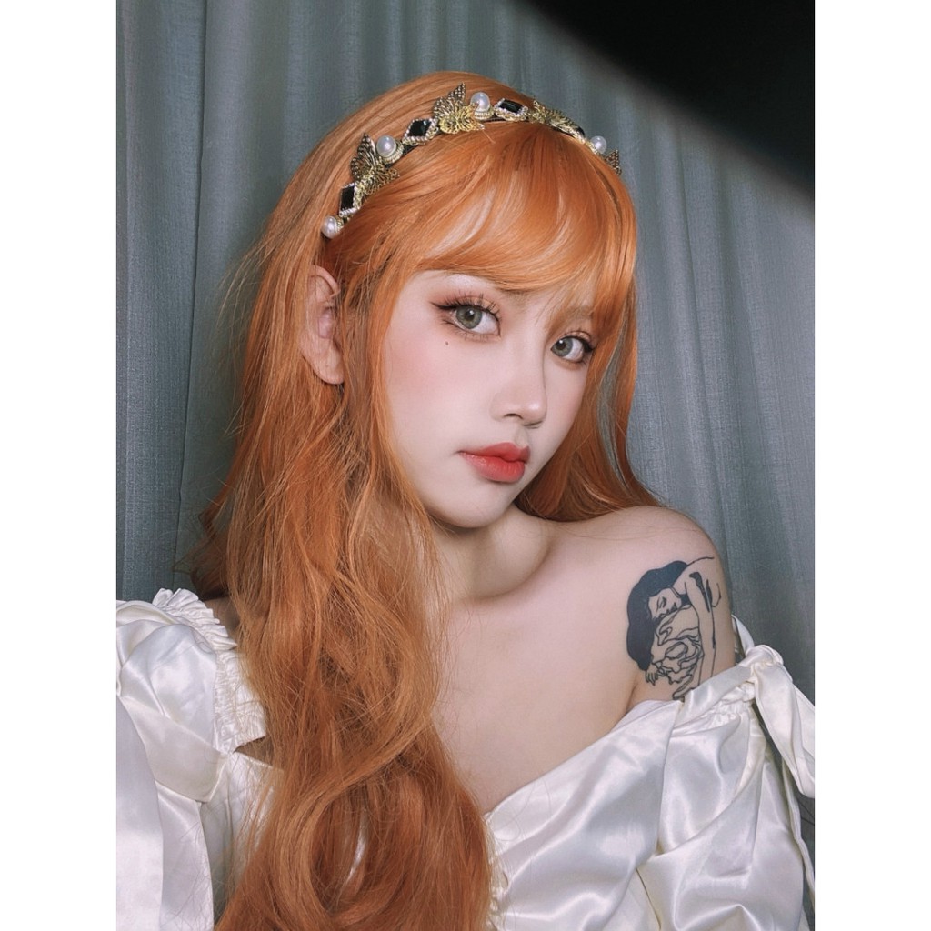 Bộ Tóc Giả Nữ Xoăn Dài Có Mái Màu Cam Đậm