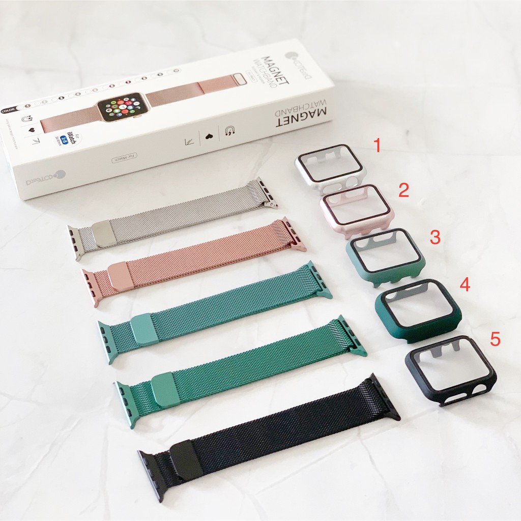 Combo dây thép và Ốp liền kính cường lực cho đồng hồ thông minh iWatch Series 1/2/3/4/5/6/SE size 38/40/42/44mm