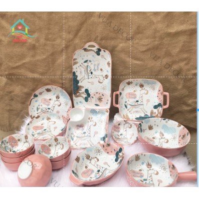 Bộ Chén Sứ Bát Ăn Cơm Bộ Bát Đĩa Decor Chén Dĩa Sứ Set Hươu Hồng Dễ Thương Cute Cao Cấp B80