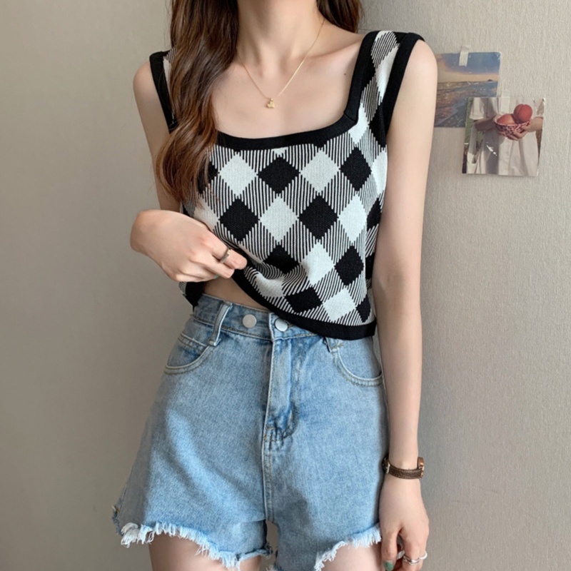 Brroa Áo Croptop Dệt Kim Không Tay Màu Sắc Tương Phản Họa Tiết Kim Cương Cổ Điển Thời Trang Mùa Hè Cho Nữ