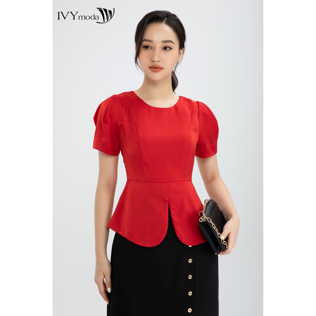 [NHẬP WABRTL5 GIẢM 10% TỐI ĐA 50K ĐH 250K ]Áo lụa đỏ dáng peplum thiết kế IVY moda MS 16T0004