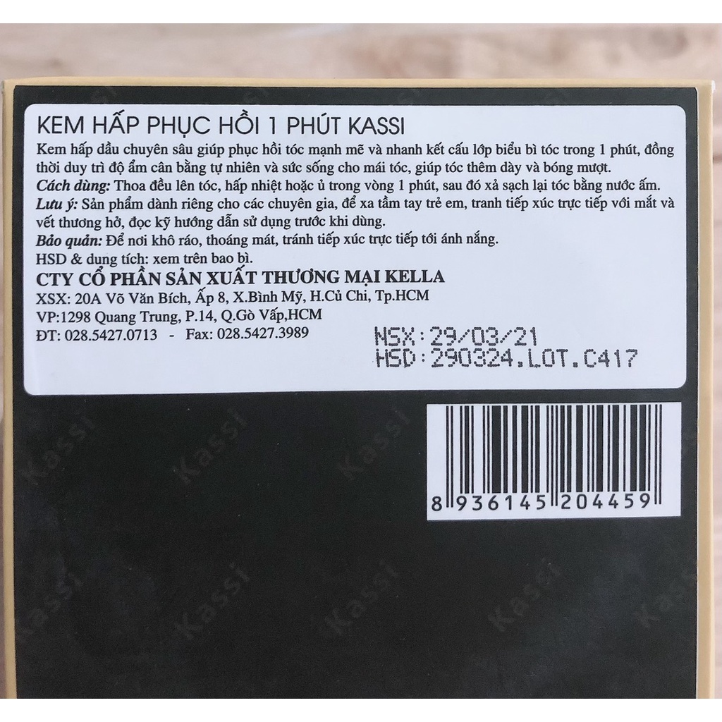 Hấp dầu 1 Phút Kassi Siêu Mềm Mượt Dành cho Tóc Khô Xơ - Phục Hồi Hư Tổn-Sản Phẩm SaLon Chuyên Dùng