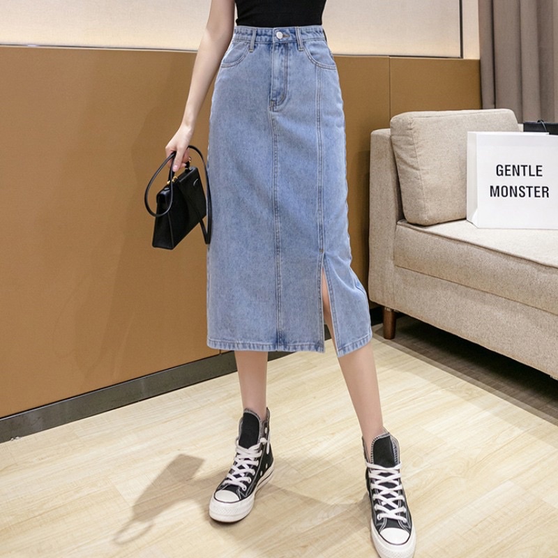 Chân váy bò dáng A cạp cao, váy jean xẻ tà unisex chỉ nổi